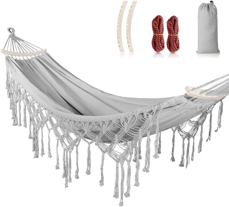 MOSFiATA Backyard Hammock with Tassels Max 500lbs Canvas Fabric Bohemian Style with Thickened Rope and Carry Bag for Outdoor, Garden, Patio, Wedding Decor (Gray) - Image 1